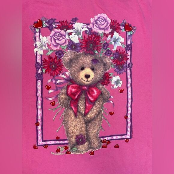 VINTAGE Bear Flower Graphic T-shirt Women XL Pink Short Sleeve - Picture 2 of 7